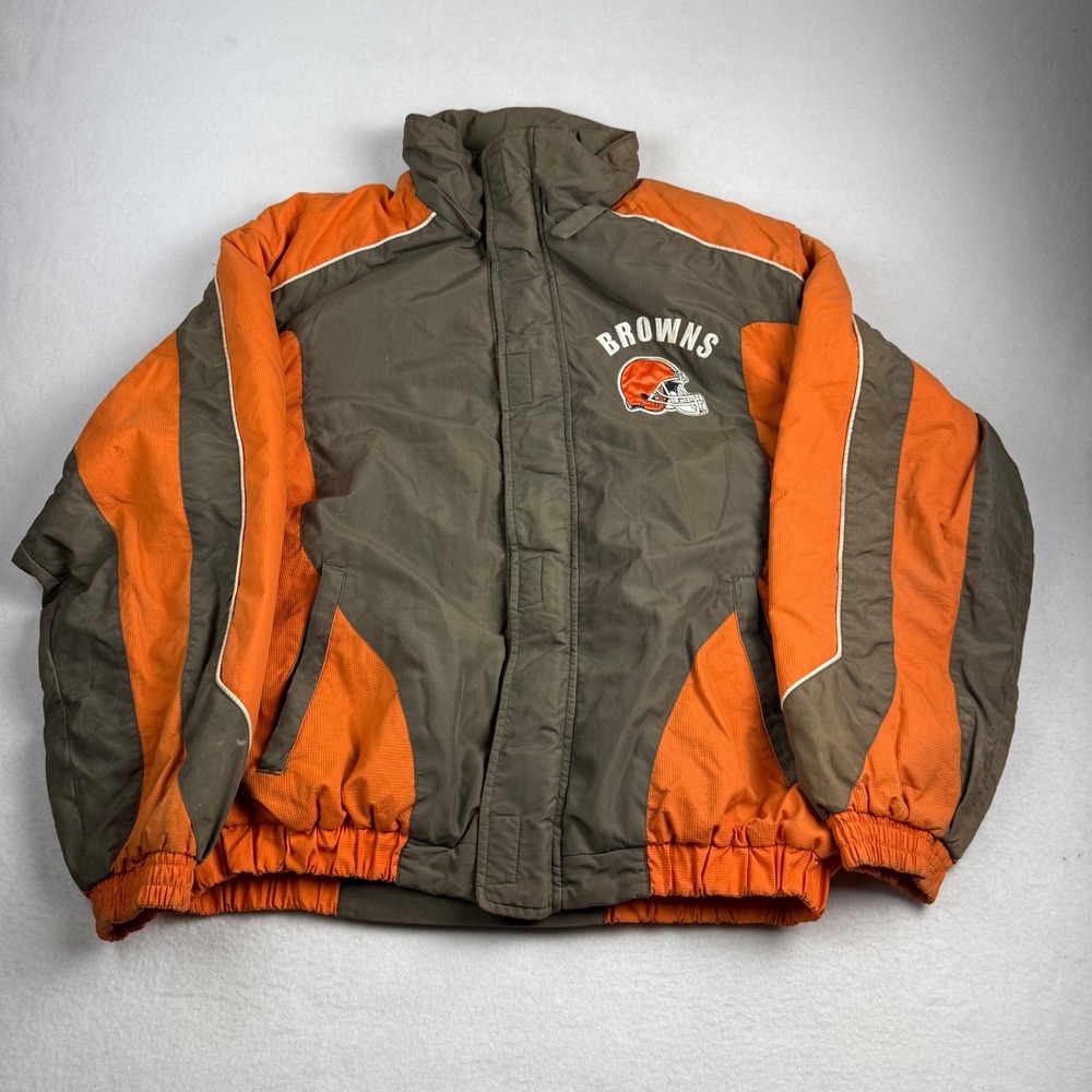 NFL Cleveland Browns Puffer Jacket Mens Medium Brown Orange Full Zip Spellout